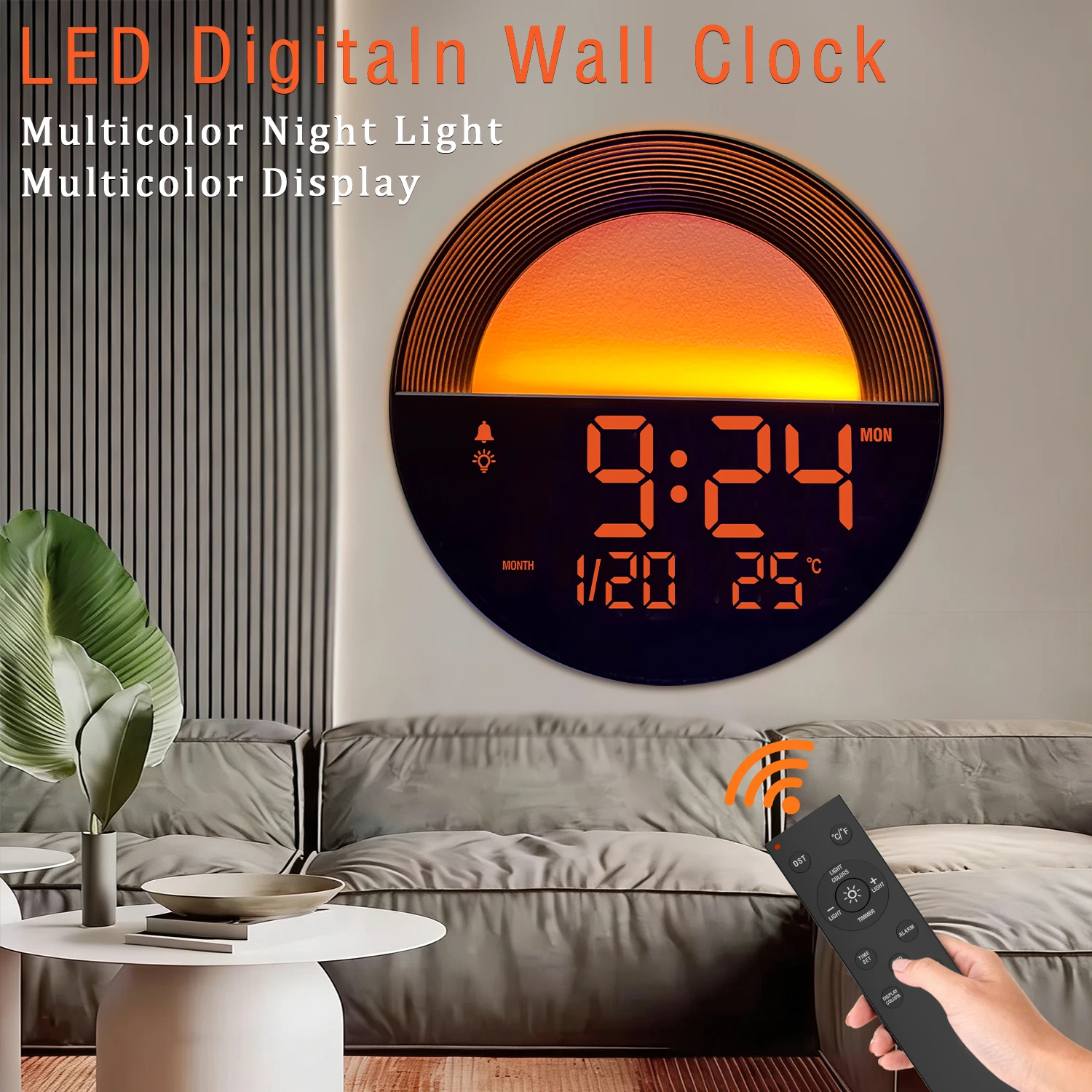 שעון קיר דיגיטלי גדול עם תצוגת LED גדולה ושלט 12 RGB צבע דימר טיימר אזעקה טמפרטורה DST לסלון מטבח