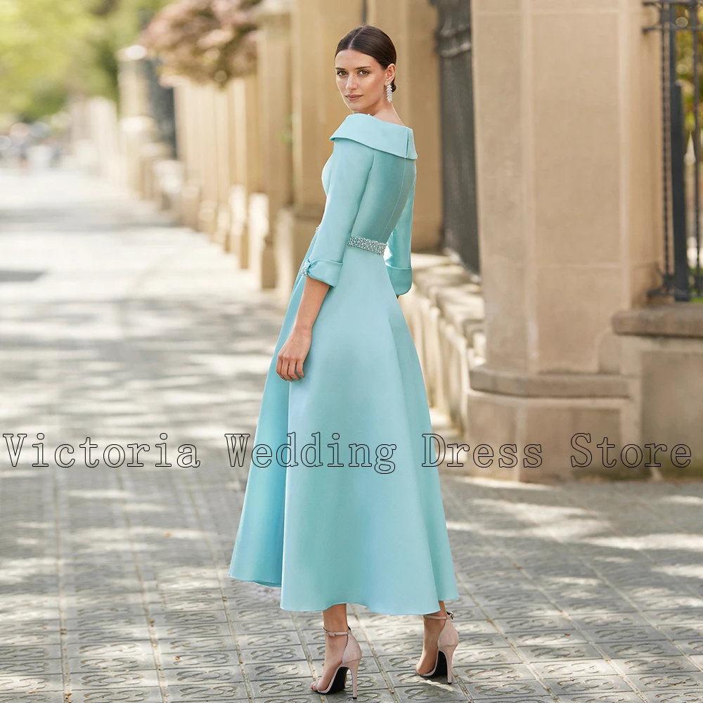 Elegant Mother of the Bride Dresses O Neck 3/4 Sleeves Wedding Party Gowns Pearls Bow A-Line Robe De Soir&eacute;e Femme