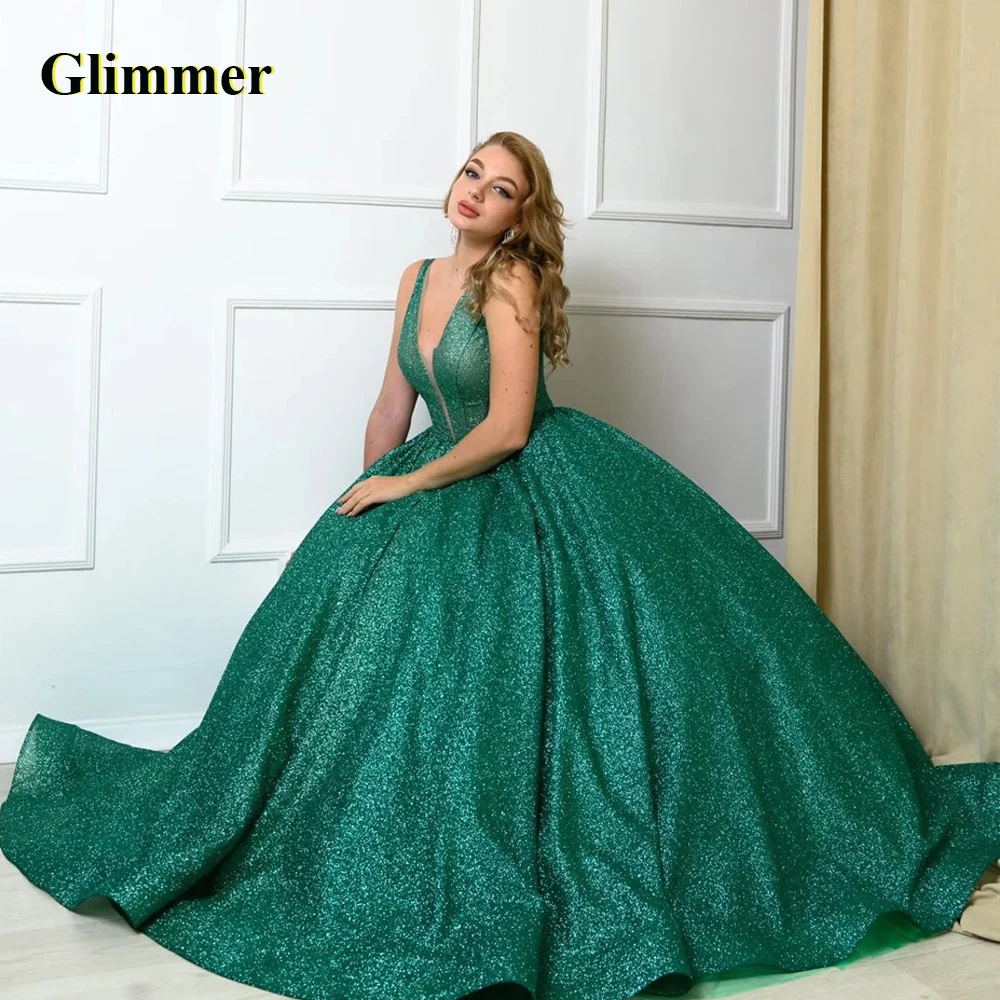 

Glimmer Simple Glitter Evening Dresses Deep V-Neck Formal Prom Gowns Personalised Abendkleider Fiesta De Noche Robe Ball Stretch