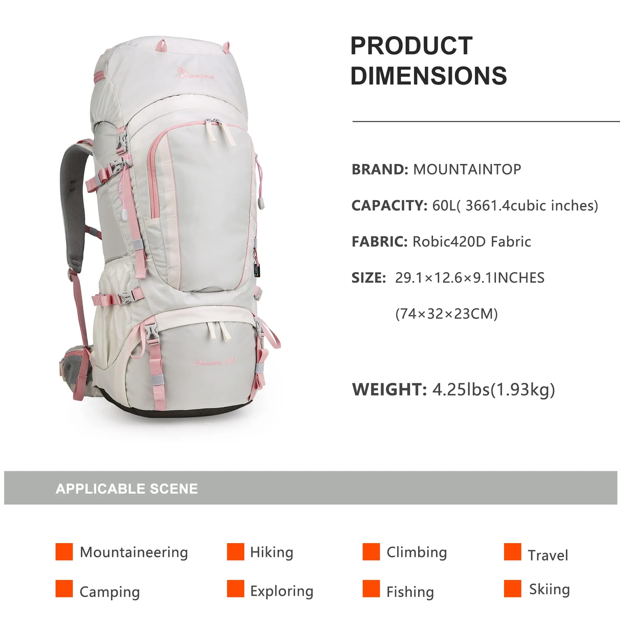 MOUNTAINTOP 60L Hiking Internal Frame Backpack with YKK Zippers and Rain Cover