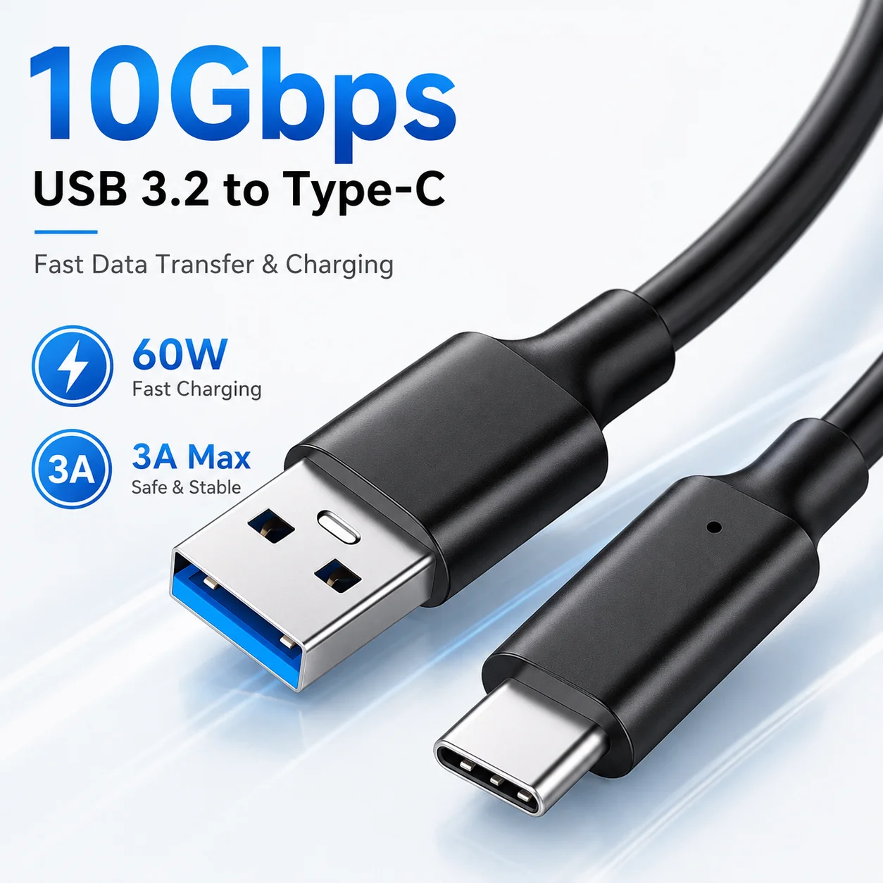High-Speed USB 3.2 to Type C Cable – 10Gbps Data Transfer & 60W Charging – Durable PVC Cord, Black
