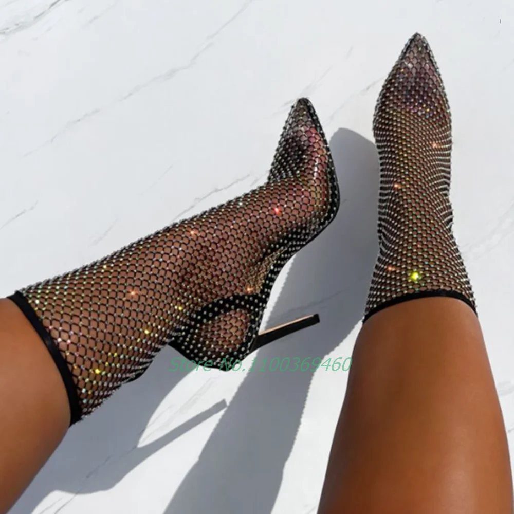 Crystal Mesh Pointed Toe Sandals Ankle Boots Stiletto High Heel Slip On Yellow Solid Sexy Luxury Women Shoes Summer Hot Selling