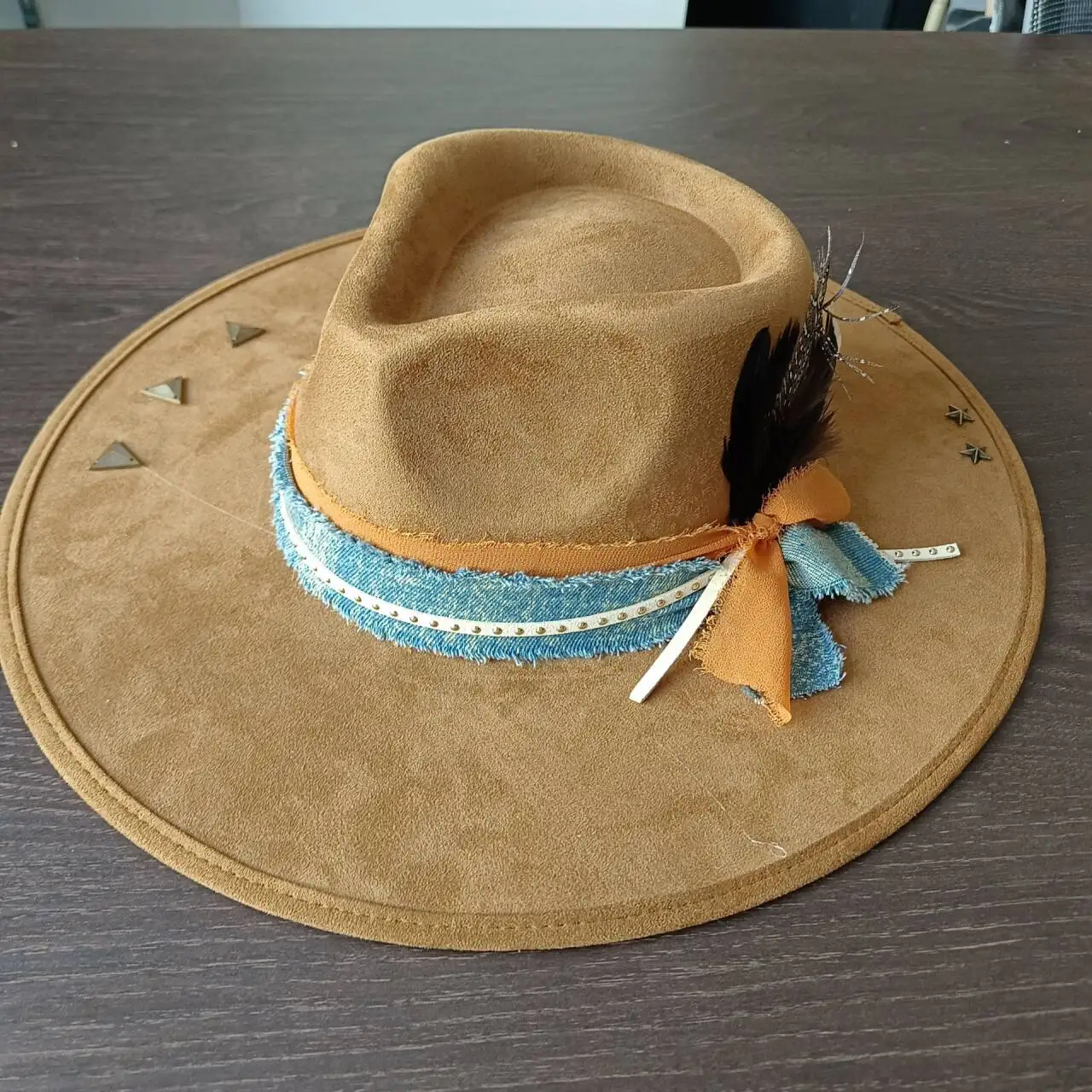 Blue and Brown Wide-Brimmed Hat with Leather Band B&S Premium Lewis - Wide Brim Fedora Hat - 100% Wool Felt  main image 3