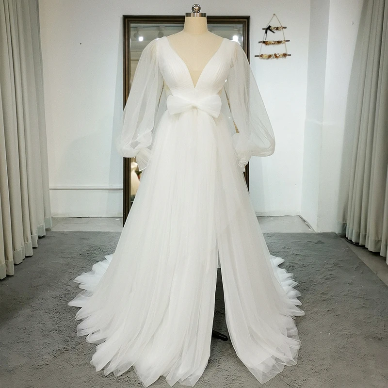 QW01319 Lantern Sleeve White Wedding Dress 2022 Wedding Criss-Crass Ceremony Dress Scalloped Elegant Wedding Pamelas matrimonio 4