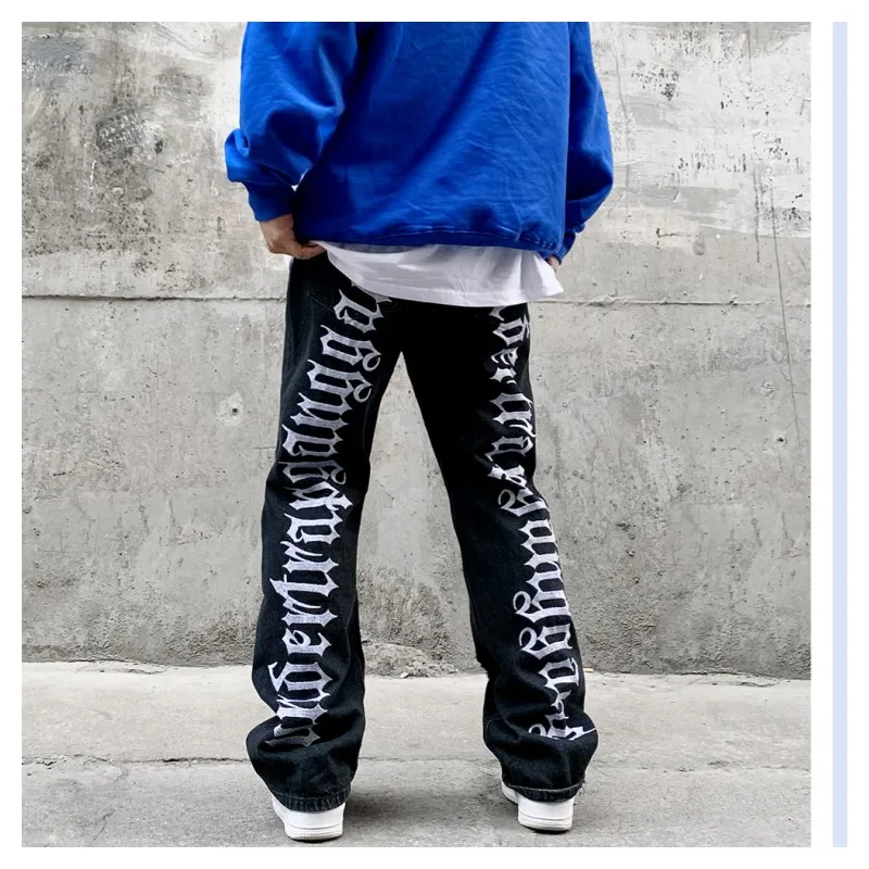 

Рваные джинсы в стиле хип-хоп, уличная одежда, 2022, модная одежда, женские расклешенные брюки с надписью, мужские объемные брюки с рисунком, Y2k
