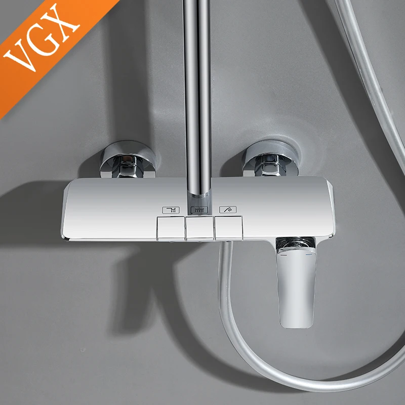 VGX Luxury Shower System Set Bathroom Shower Faucet Set 3-way Rainfall Shower Mixer Crane with Hand Shower Set Black Grey Chrome 3
