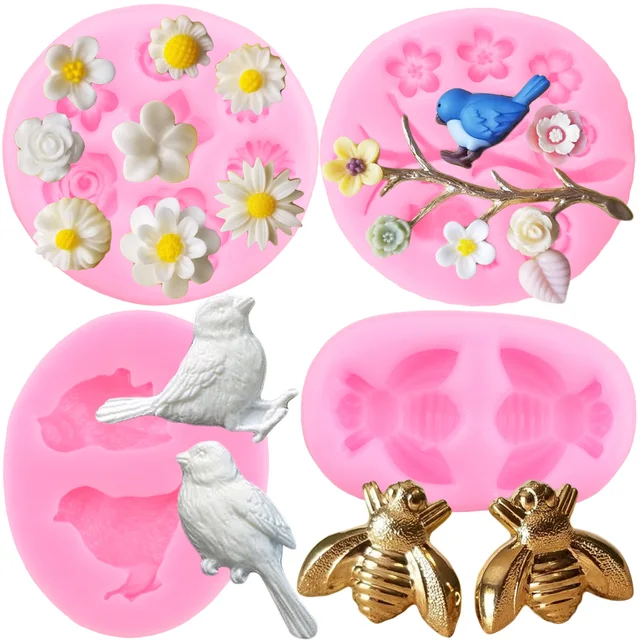 Barkács Madár Szilikon Formák Méh Daisy Virág Fondant Penész Fa Ág Torta Dekorációs Szerszámok Sütés Csokoládé Cukorkás Gyanta Agyag