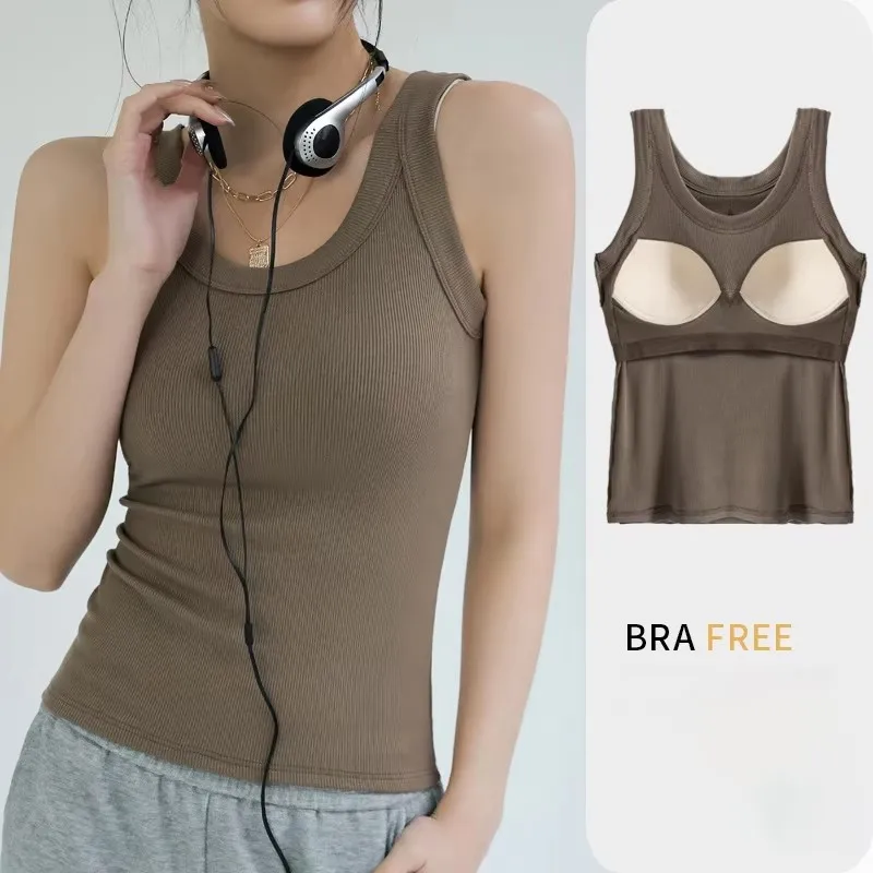 Modal Ribbed Camis with Built-in Padding Women Sleeveless Undershirt Summer Solid Color Outerwear Concealing Side Cleavage C4876