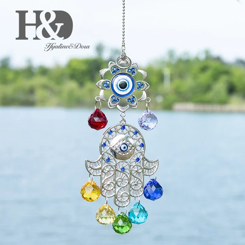 H&D DIY Lucky Hamsa Turkish Blue Evil Eye Crystal Charm Suncatcher Pendant Wind Chime Amulet Home Wall Garden Hanging Decoration
