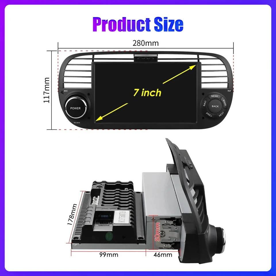 Android 13 autoradio voor Fiat 500 2007-2015 met CarPlay Wireless Android Auto, 7 inch touchscreen autoradio met Mirrorlink GPS-Navi/WiFi, Bluetooth, SWC,FM/RDS radio, EQ achteruitkijkcamera & MIC