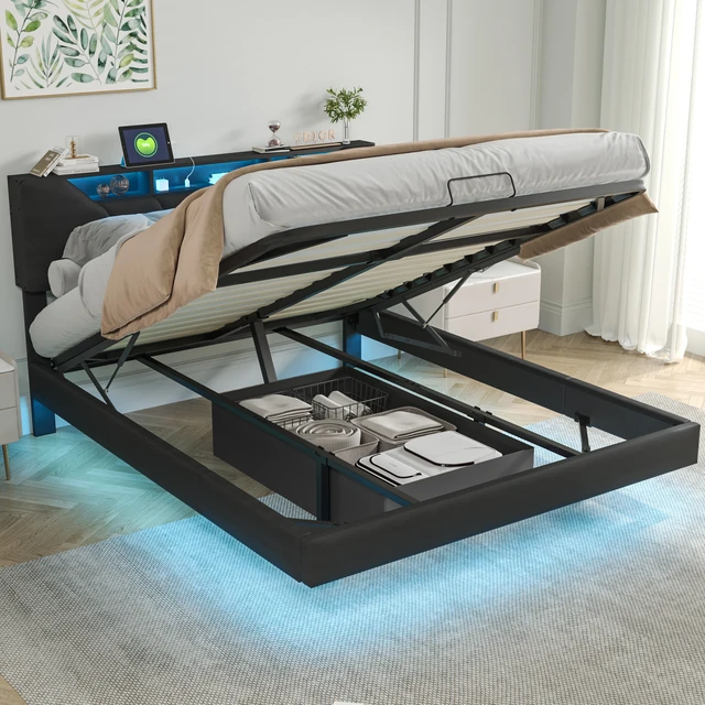 Rosahqnda Letto morbido, Letto portaoggetti con pressione dell'aria, con porte di ricarica LED e USB, Testiera regolabile, Camera da letto, Adulti, Giovani, PU nero 1
