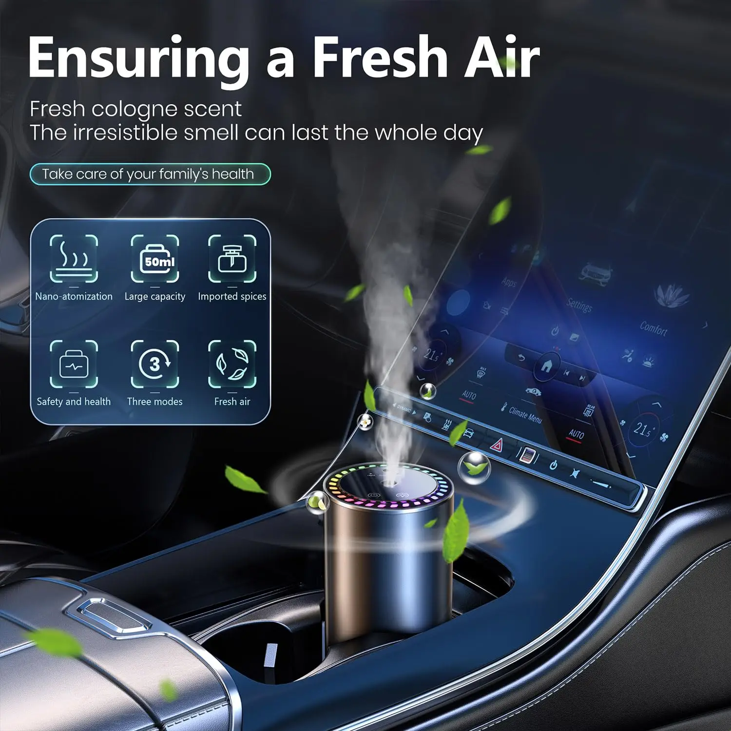 Diffusore di Aroma Intelligente per Auto con Umidificatore Ricaricabile, Deodorante per Oli Essenziali, 3 Livelli Regolabili, Luce LED Stellata, Accessorio Interno, Profumo Montato, Purificatore d'Aria 2