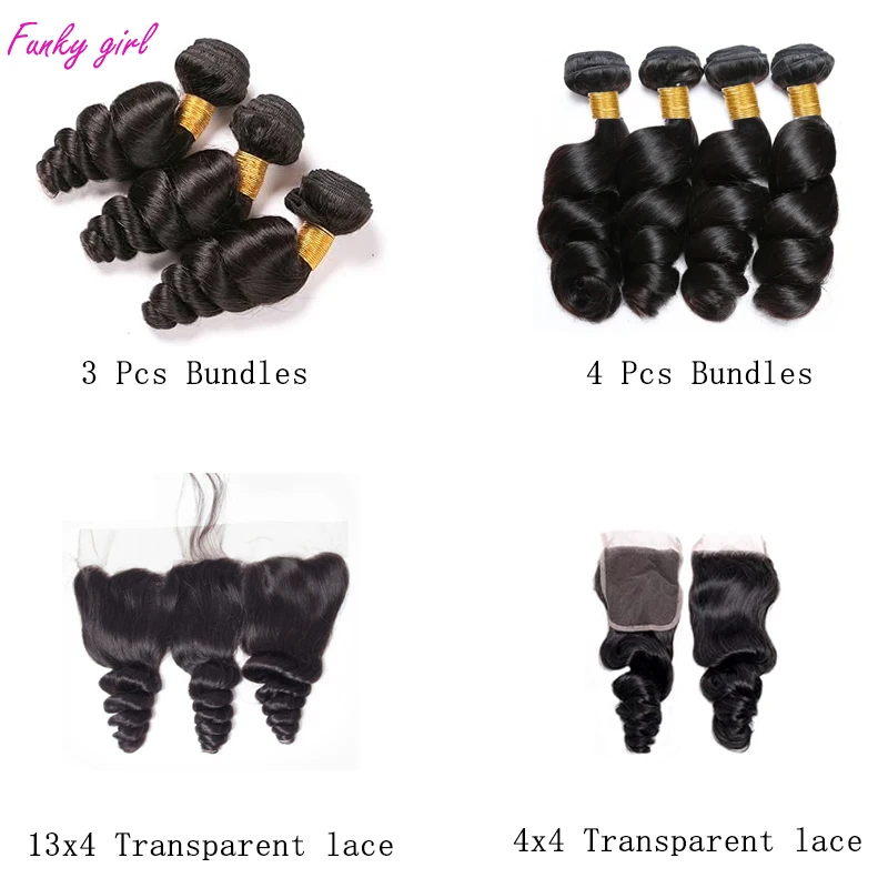 Loose Wave 3/4 Pcs Bundles With Frontal Brazilian Remy Human Hair Bundle With Transparent Lace Closure Natural Color Human Hair
