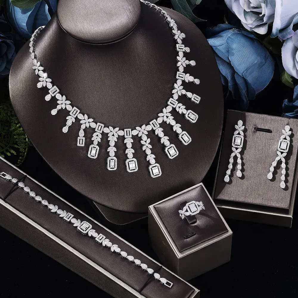 

Noble Ladies Bridal Jewelry Set for Dubai Brides High Quality Drop Zirconia Zirconia Wedding Necklace Bracelet Ring Earrings