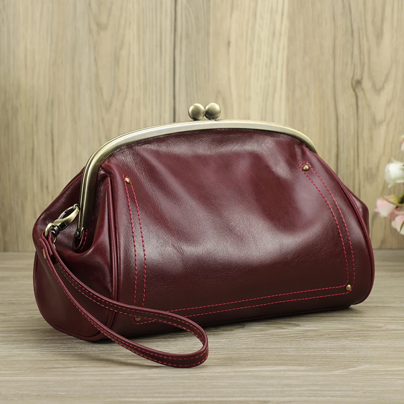Genuine Leather Women Clutch Wallet Kiss Lock Design Luxury Female Purse Handbag Large Capacity Long Wallet Bag Phone Pocket 1