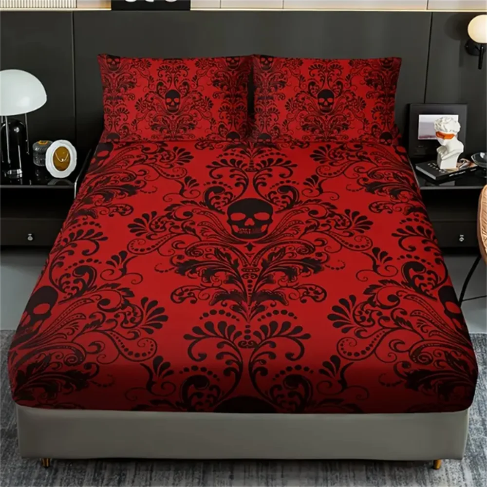 Skull Floral Design 3-Piece Bed Sheet Set - 100% Polyester, Digital Print, Breathable All-Season Fitted Sheet and Pillowcase Set 2