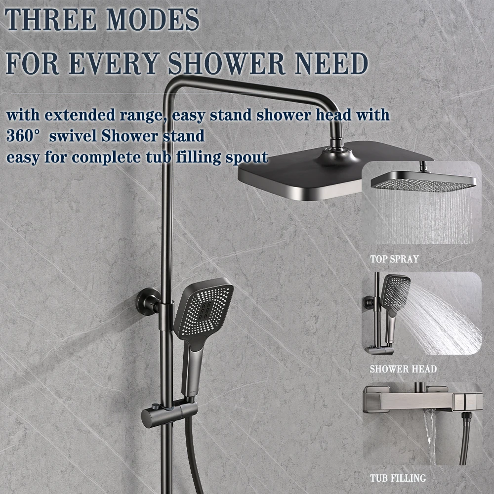 Smesiteli Gun Gray Brass Thermostat Shower System Sets Diverter Valve Kit Mixer Tap Hand Held Head Wall Spout Bathroom Faucet 3
