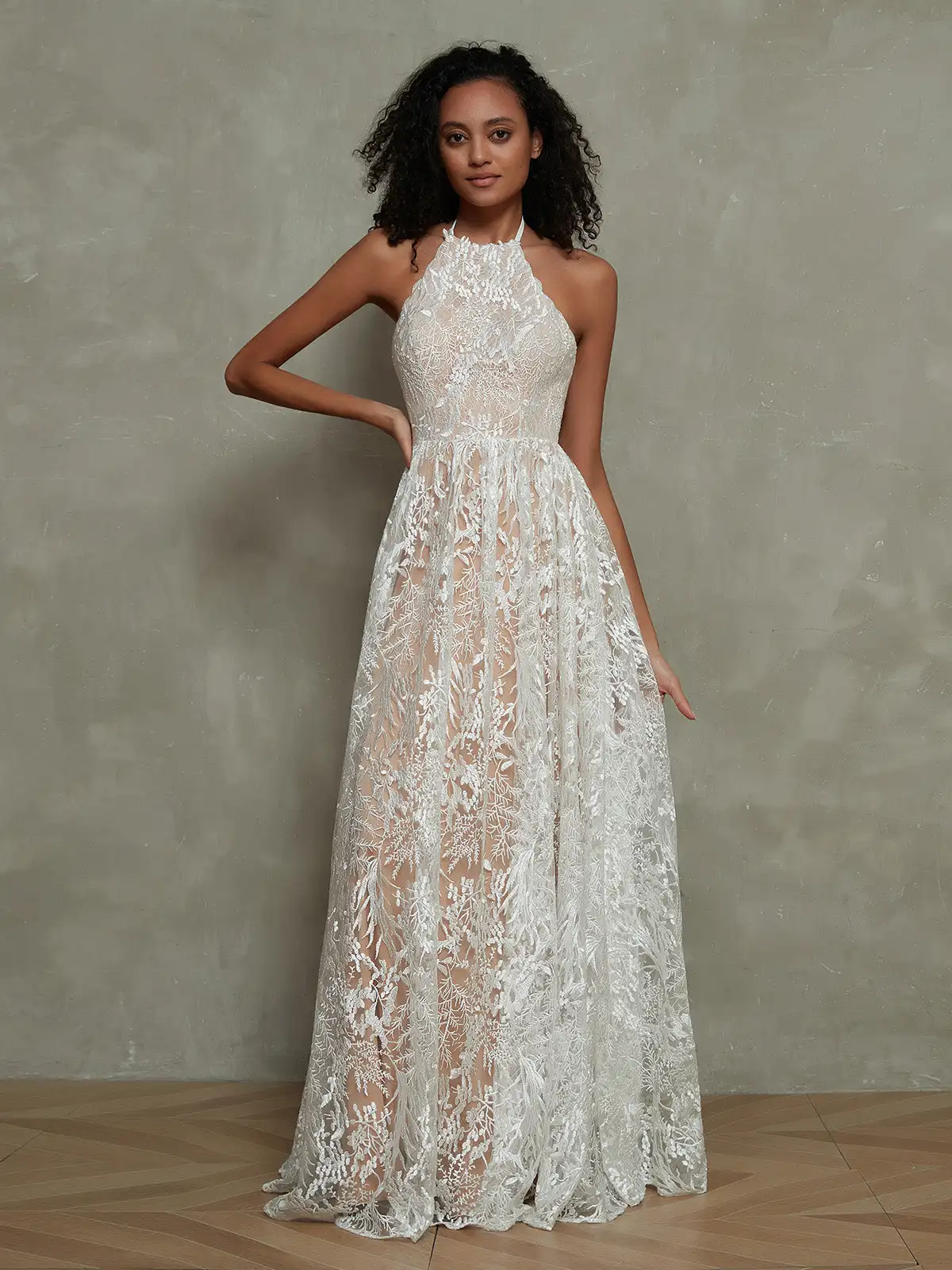 Женское свадебное платье до пола, бежевое кружевное платье цвета слоновой кости с лямкой на шее, платье без рукавов, 2024