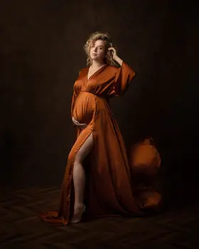 Boho Maternity Photography Props V Neck Dresses Free Size Adjustable Soft Pregnancy Photo Shoot Sides Slit For Baby Shower