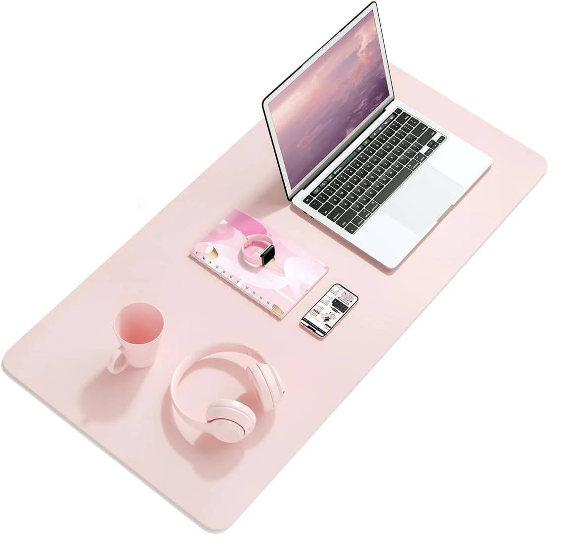 Waterproof PU Leather Desk Mat - 31.5"x15.7" Pink Floral Mouse Pad For Office & Home, Cute Desk Decor