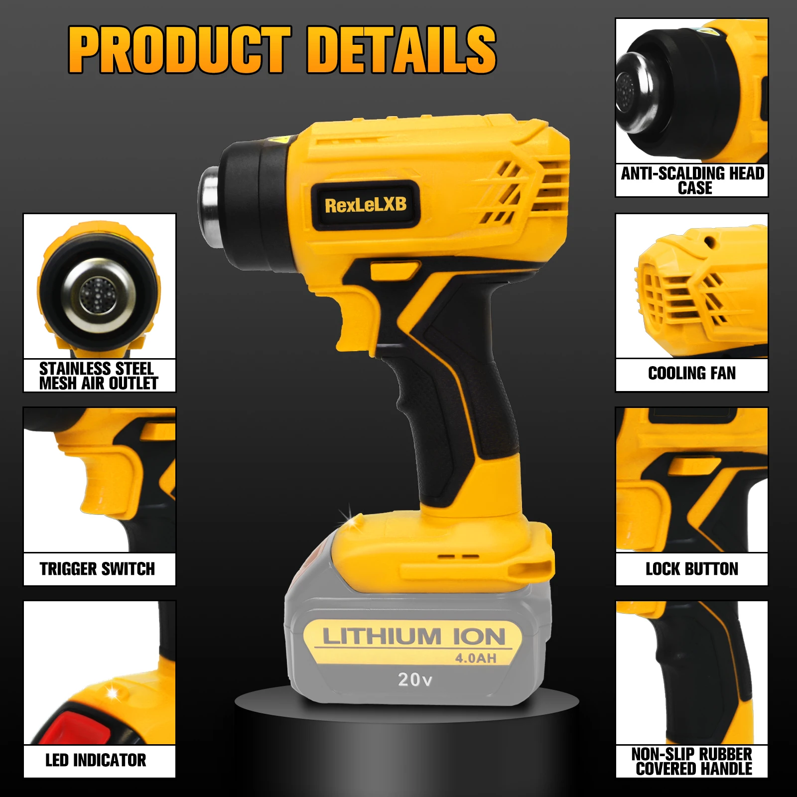 400W 500℃ Cordless Hot Air Gun for Dewalt/Milwaukee 18V Li-ion Battery Handheld Heat Gun with 4 Nozzles Power Tool (No Battery)