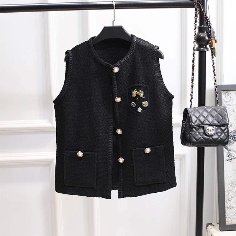 

Black Outer Tweed Vest L-5XL Coat Sleeveless Spring Autumn Women Loose High Quality Female Waistcoat