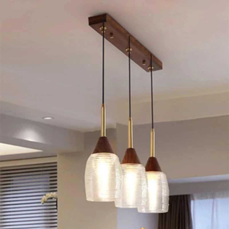 Modern Minimalist Restaurant Walnut Three Head LED Lighting Dining Pendant Lamp Bar Bedside Single Head Glass Hanging Fixture