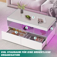 Table Basse Rectangulaire avec éclairage LED, Table Basse Haute Brillance Moderne, Table d'appoint Table de Salon avec Etagère Ouverte et 2 Tiroirs, 104x53x46 cm 4