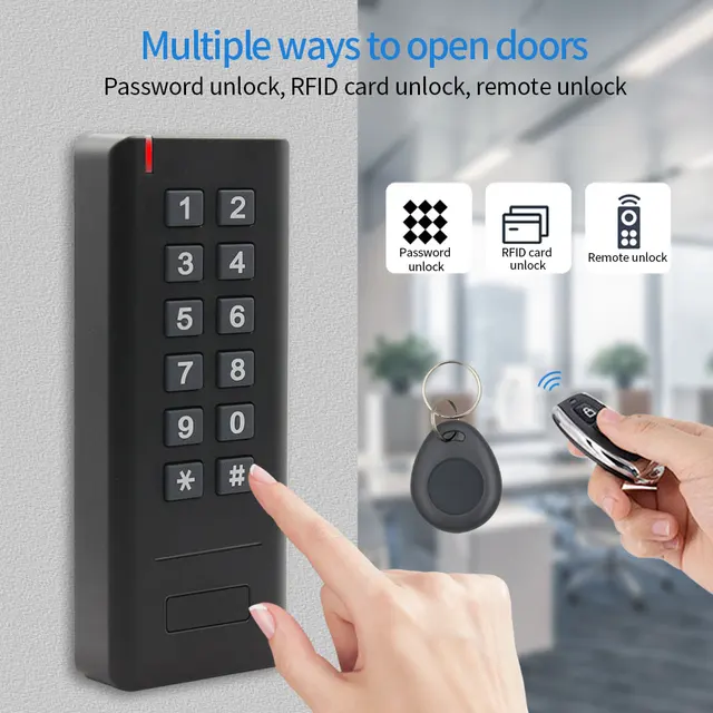 Battery Powered Wiring Free Access Control Set Wireless RFID Smart Door Lock Kit With Keypad Lock Exit Button Remote Transmitter 4