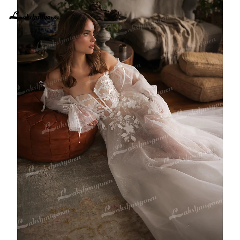 Lakshmigown Sexy Sweetheart Collar Puff Sleeve Lace Top A Line Wedding Dress Customized Boho Bridal Gowns vestidos de novia robe 3
