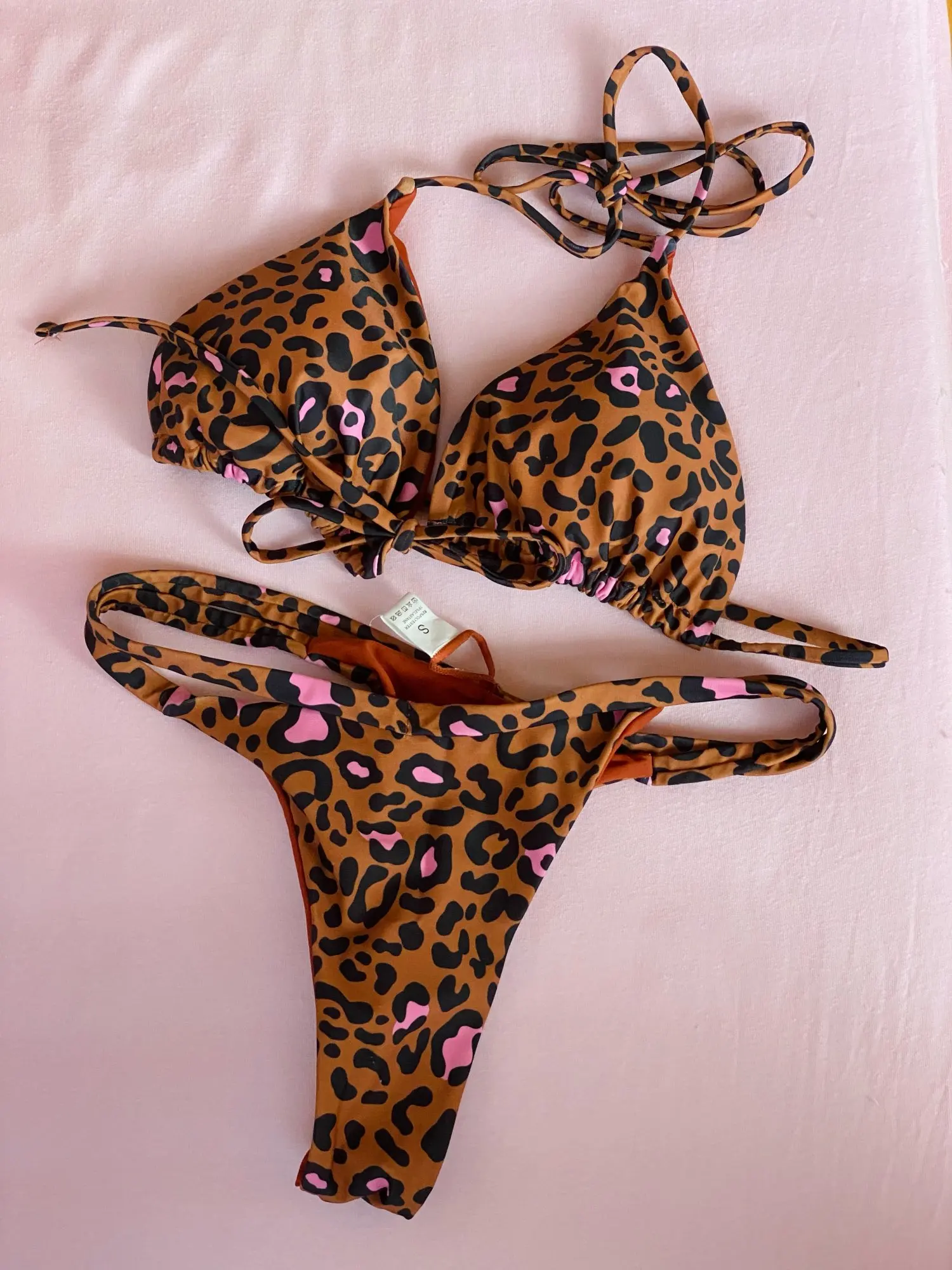 Print Sexy Bikini Sets Halter Lace-up Tops Thongs Beach Style Bathing Suit Y2k Swimsuits Women Beachwear Купальник Женский 2025 photo review