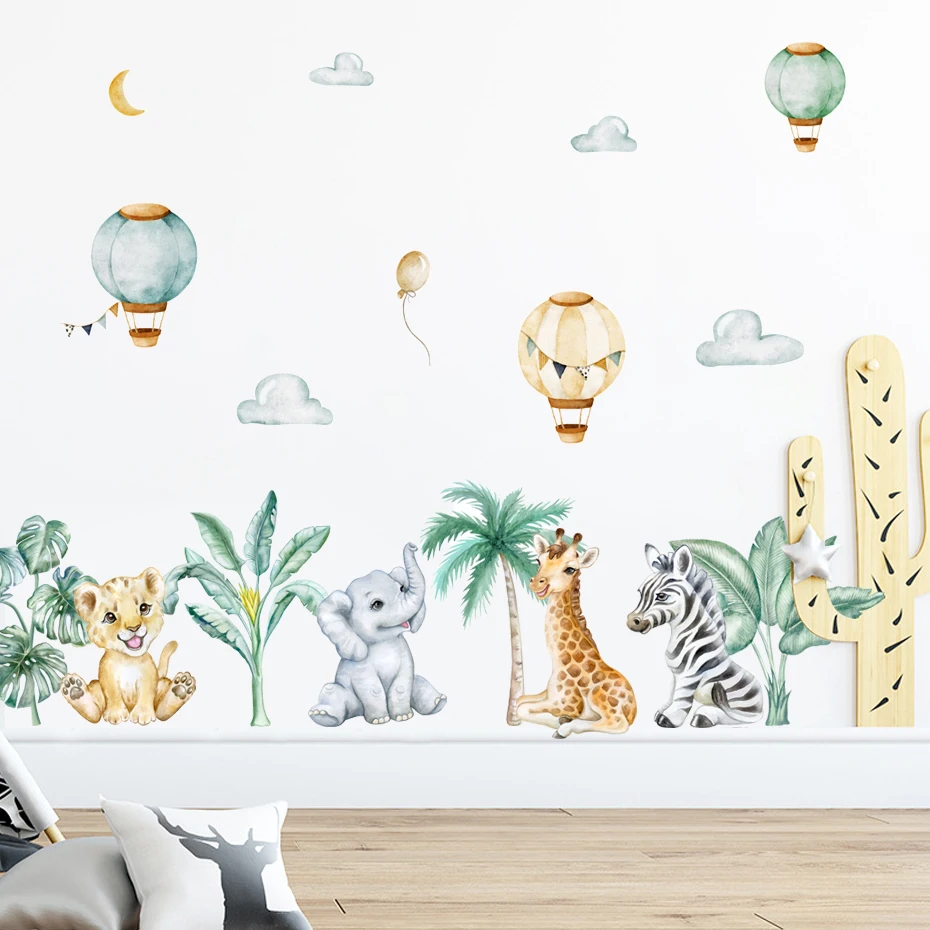 

Cute African Animals Lion Tropical Leaves Watercolor Nursery Wall Sticker Peel and Stick Wall Decals Kids Room Home Decor