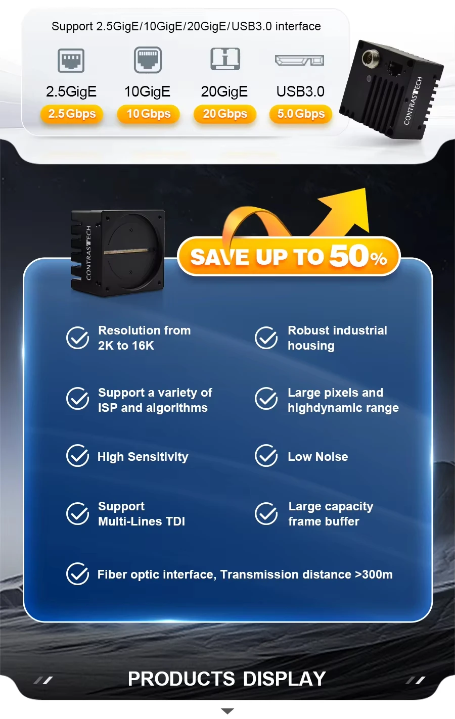 8K 2.5GigE ICapro Industrial Line Scan Camera TDI Low-Power Fiber Optic High-Speed NIR Imaging for Fabric & Textile Inspection