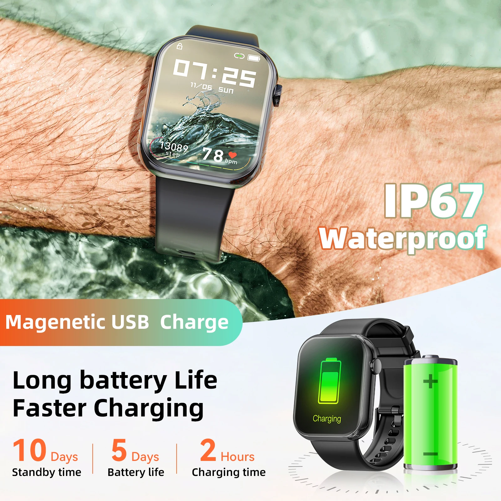 1.85 Inch Full Touch Screen Smart Watch Men Women Bluetooth Call IP67 Waterproof Outdoor Sport Fitness Tracker Heart Smartwatch 3