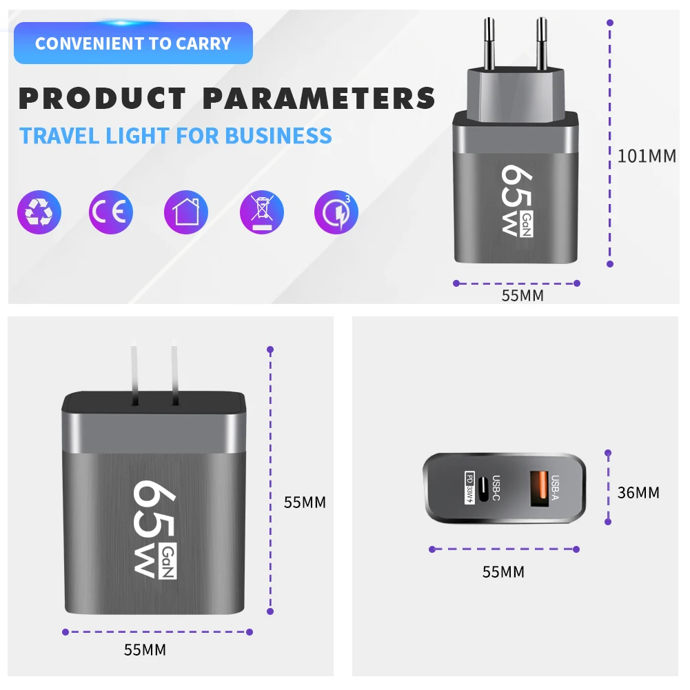 65W GaN USB C Charger Fast Charging Type C PD QC3.0 Quick Charge Mobile Phone Adapter for iPhone 14 15 Pro Xiaomi Redmi Oneplus