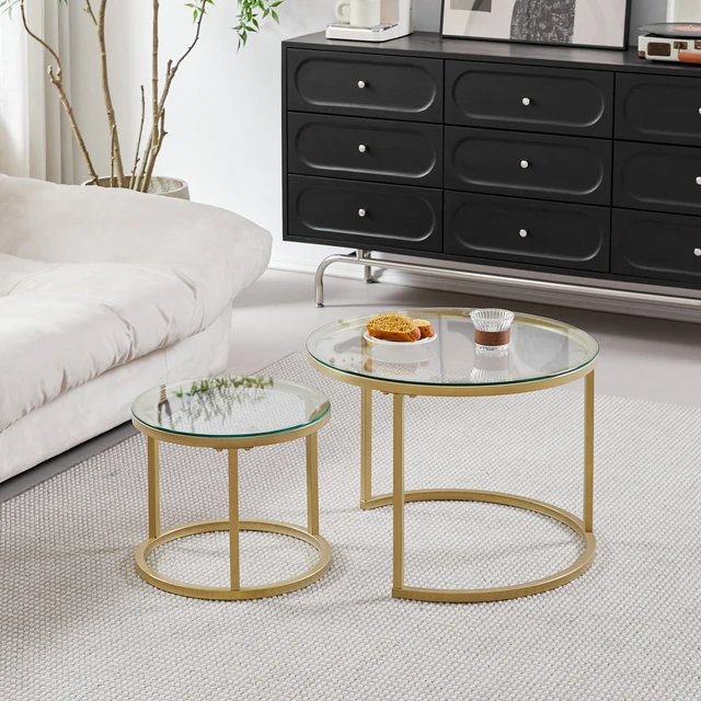 Table basse en fer 2 en 1, mode petit appartement, salon, Table basse ronde en verre trempé pour canapé, Table basse d'appoint 1