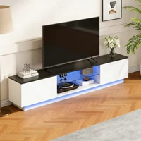 Тумба под телевизор с открытым хранилищем, отдельно стоящая тумба под телевизор с 2-мя дверцами, низкий шкаф с полками, столик под телевизор со светодиодной подсветкой, комод/стол под телевизор для гостиной, спальни, белый — изображение 6