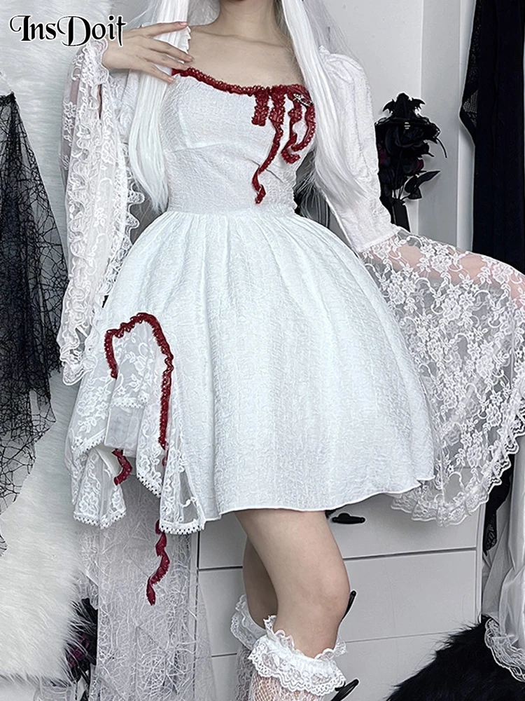 

InsDoit Lace Gothic A Line Dress See Through Patchwork Y2K Elegant Aesthetic Flare Sleeve 3D Flower Mini Women Dress Split Party