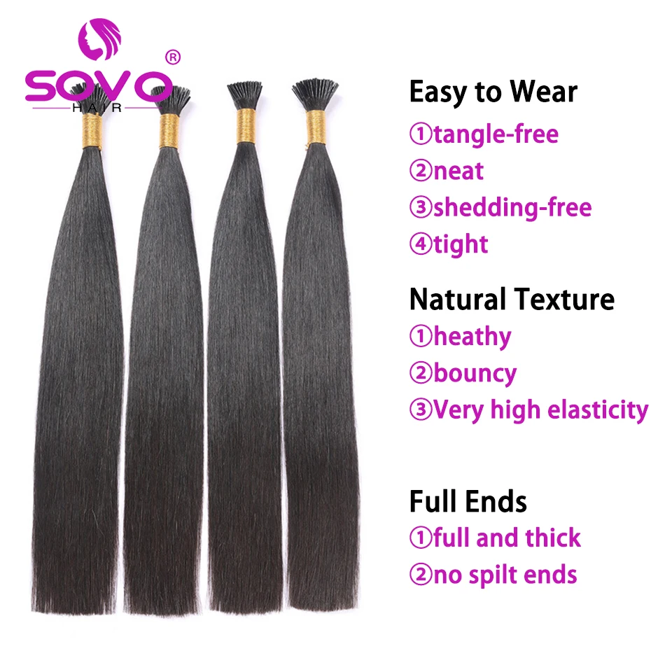 I Tip Hair Extensions Straight Natural Real Human Fusion Hair Extensions 50Strands/ Pack Keratin Capsule Black Color 12-26inch