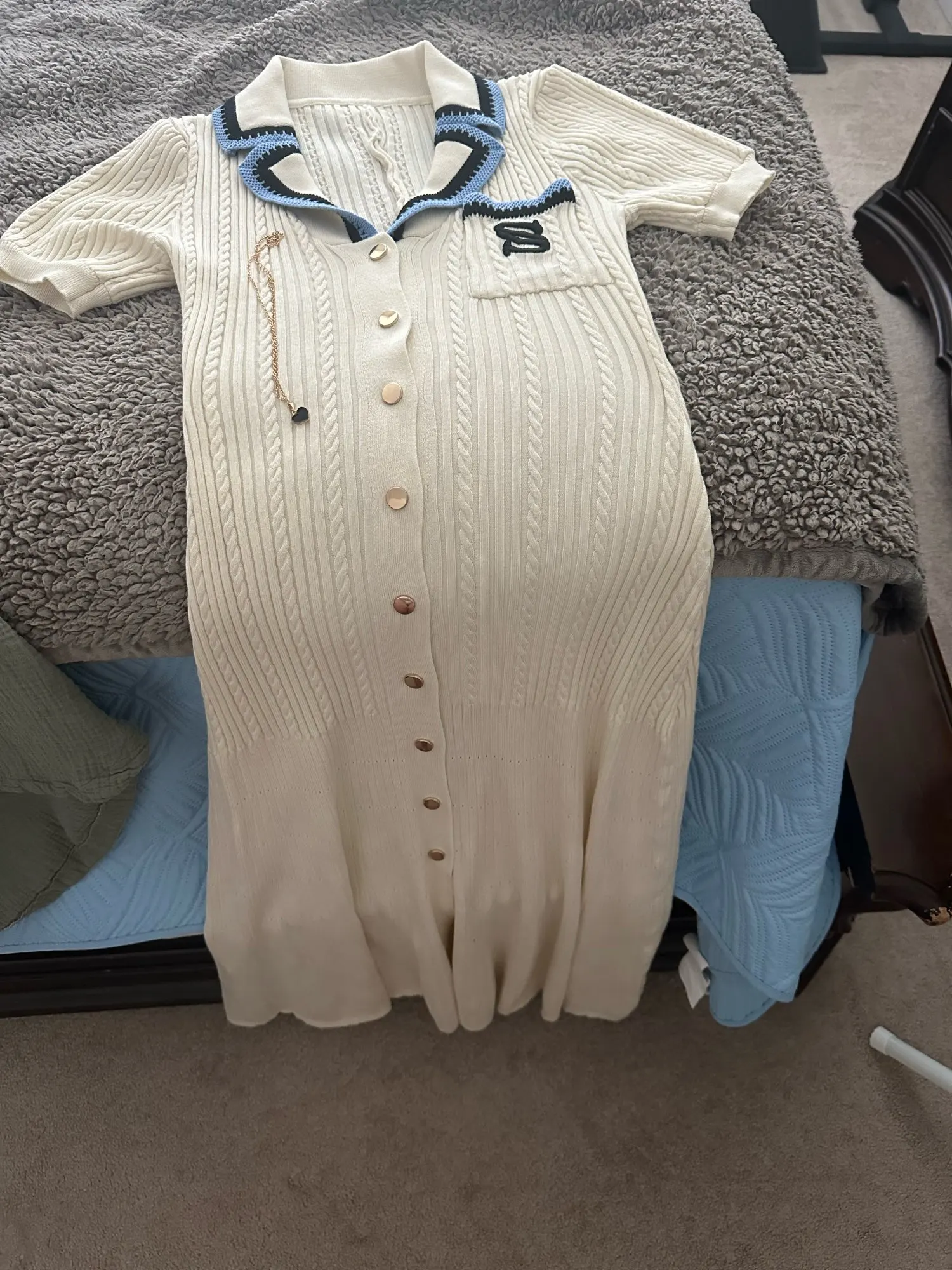 2024 Summer Elegant Slim Knitted Long Dress Women's Letter Single Breasted Long Sleeved Designer Vintage Dresses White Autumn photo review