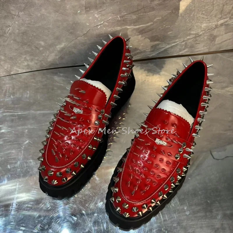 Spring Summer Red Business Casual Men's Shoes Banquet Dress Shoes Slip On Genuine Leather Oxford Rivet Design Trendy Loafers