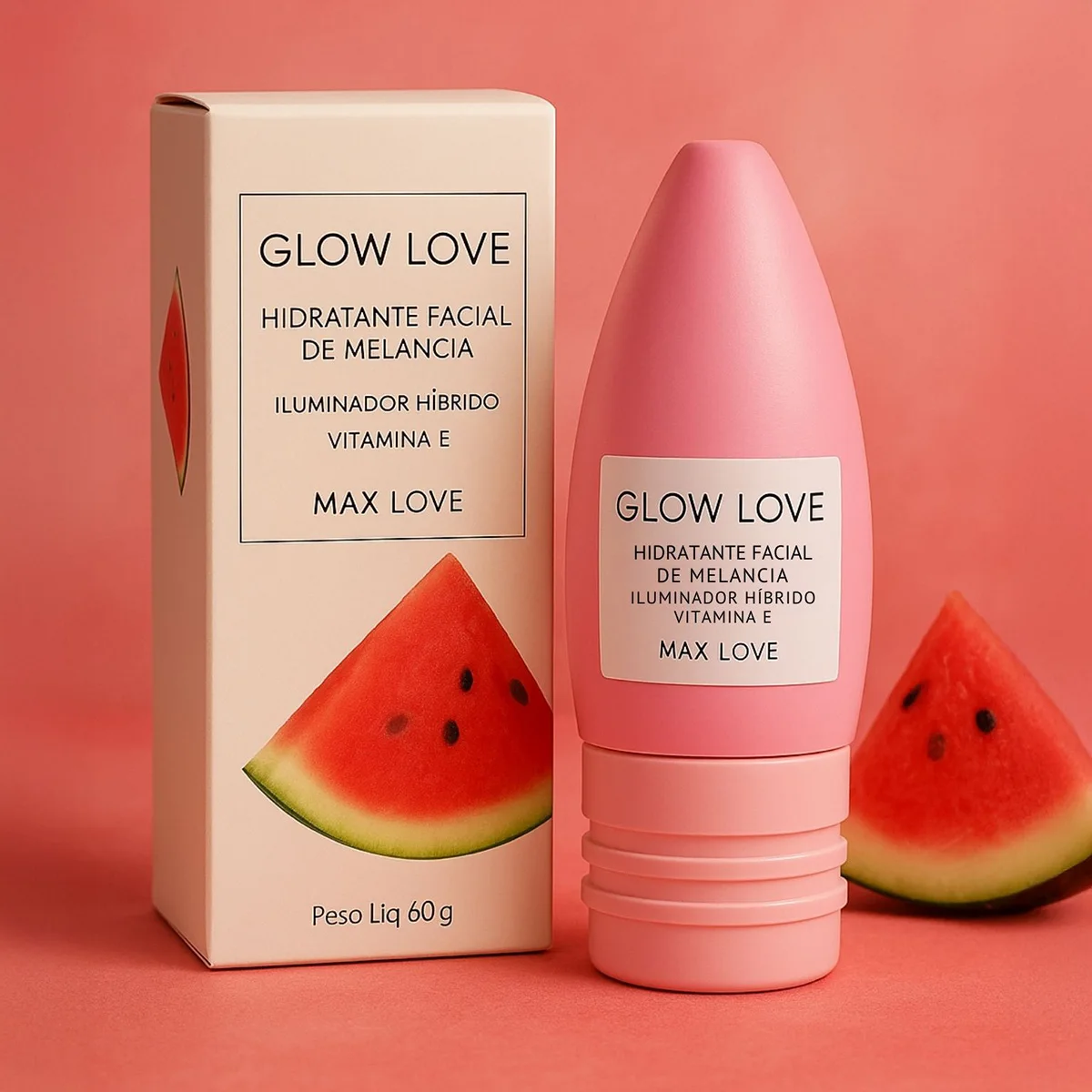 Hidratante Facial de Melancia Glow Love 60g Max Love - com Ácido Hialurônico, Niacinamida e Vitamina E