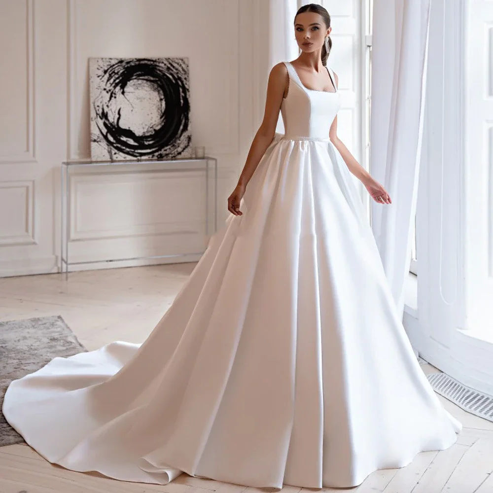 Elegant Simple Satin Wedding Dress Square Neck Ball Gown Pearls Sleeveless Church Wedding Gown Belt Bow Lace-up Bridal Dresses