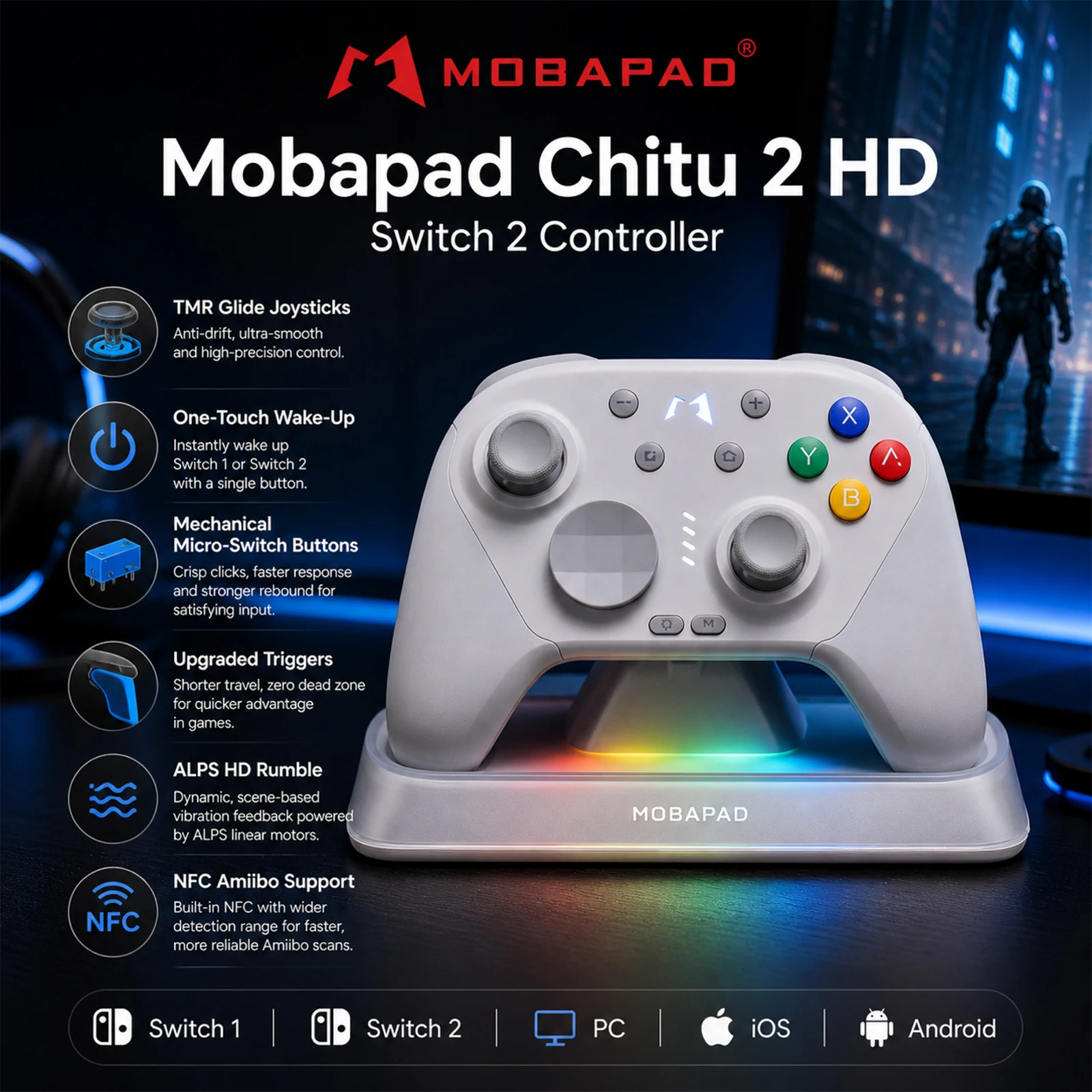 Controle Mecânico Bluetooth MOBAPAD CHITU 2 HD com Joysticks TMR para Switch 1/2, PC, Android, iOS, com Dock de Carregamento Opcional