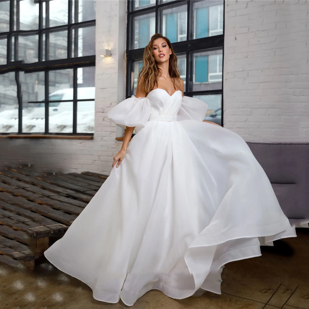 

I OD Simple Wedding Dresses Sweetheart Puff Short Sleeves Pleat Lace Up Back A-Line Bridal Gown Floor Length Vestidos De Novia