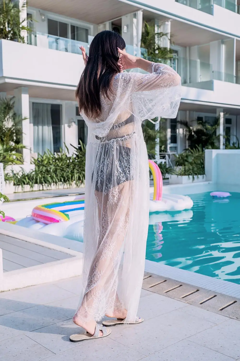 Hooded Sheer Lace Beach Cover Up Long Cardigan Women Swimwear Beach Dress Kaftan Swimsuit Cover-Ups Bathing Suit Beachwear Tunic - 5