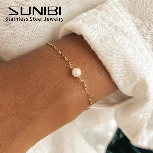 SUNIBI Stainless Steel Bracelet for Women Sea Shell Simulated-Pearl Ultra Thin Chain Link Charm Bracelet Jewelry Wholesale 1