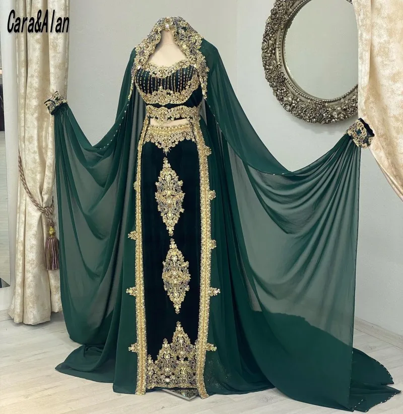 

Formal Caftan Dark Green Evening Dresses With Cloak Lace Applique Beading Kaftan A-Line Prom Dress Arabic Women Party Gowns