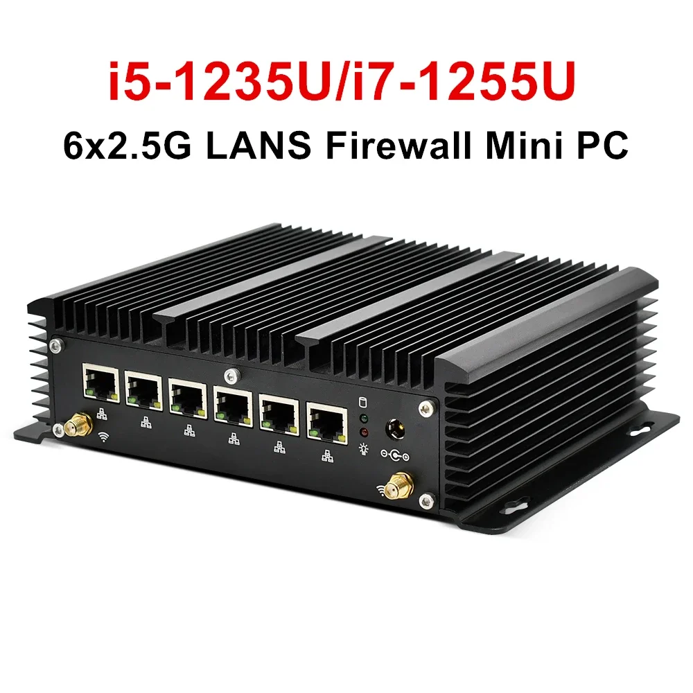 

12th Gen Firewall Mini PC Intel Core i7 1255U i5 1235U DDR5 Fanless Soft Router 6x 2.5GbE LAN 2*Rs232 AES-NI Proxmox Computer