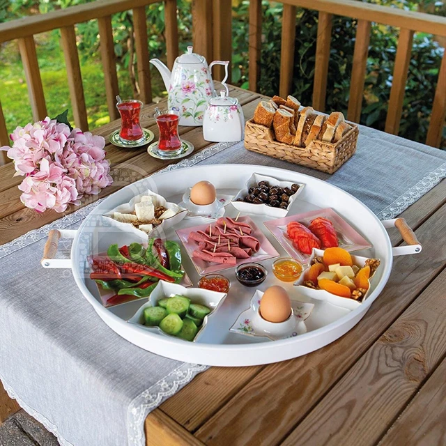 Plateau de petit déjeuner rond polyvalent créatif manche en bois